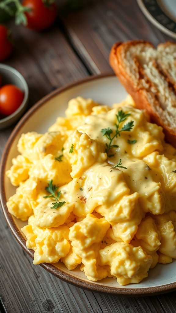 Fluffy scrambled eggs garnished with herbs on a plate with toast and cherry tomatoes.